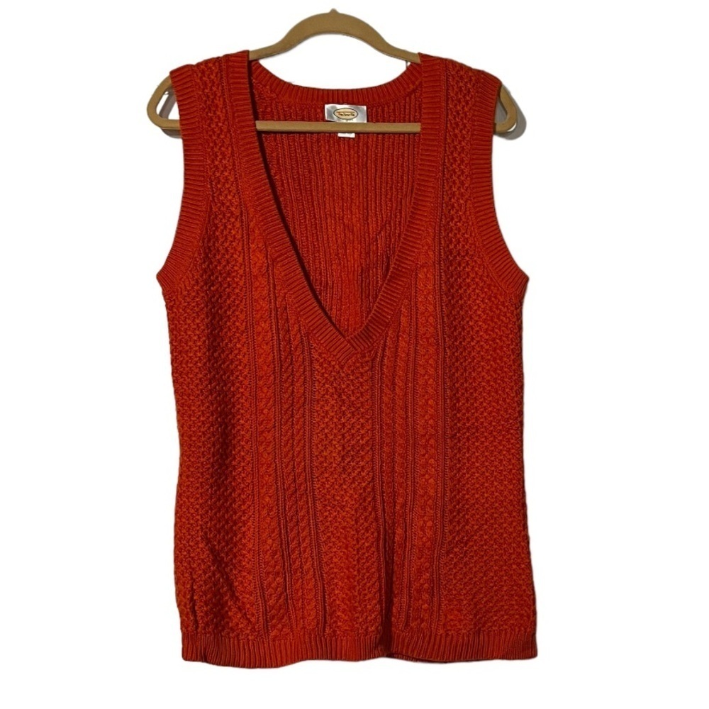 Talbots Orange Sweater Vest V-Neck Size Large Cable Knit